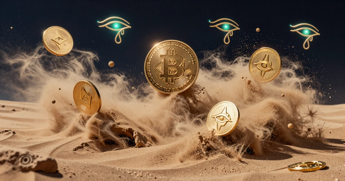Goldene Bitcoin-, Ethereum- und Tether-M&uuml;nzen fliegen durch einen W&uuml;sten-Sandsturm mit Oka-Gora-Symbolen - Cleobetra Casino Krypto-Zahlungen