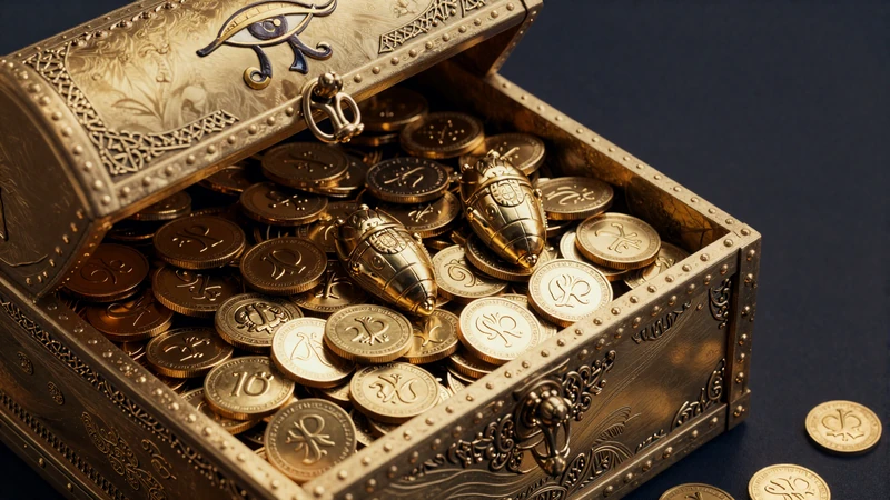 Goldene Schatztruhe mit M&uuml;nzen und Skarab&auml;us-Amuletten - Willkommensbonus Highlight bei Cleobetra Casino