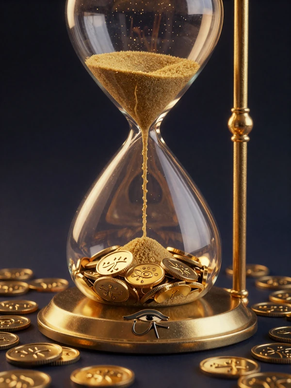 Goldene Sanduhr mit flie&szlig;endem Sand, der zu einem M&uuml;nzhaufen wird, Oka-Gora-Symbol auf der Basis - Auszahlungsprozess bei Cleobetra Casino