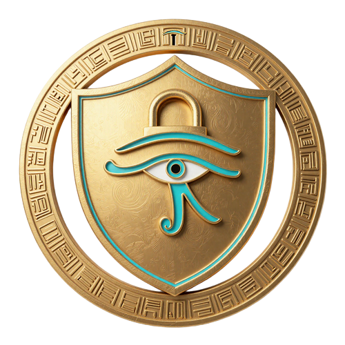 Goldenes Schild-Emblem mit eingebettetem Vorh&auml;ngeschloss und Oka-Gora-Symbol - Sicherheit bei Cleobetra Casino