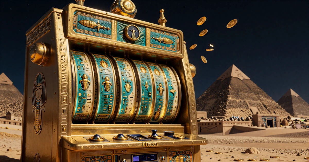 Goldene Slotmaschine mit &auml;gyptischen Hieroglyphen und Pyramiden im Hintergrund - Online Slot bei Cleobetra Casino